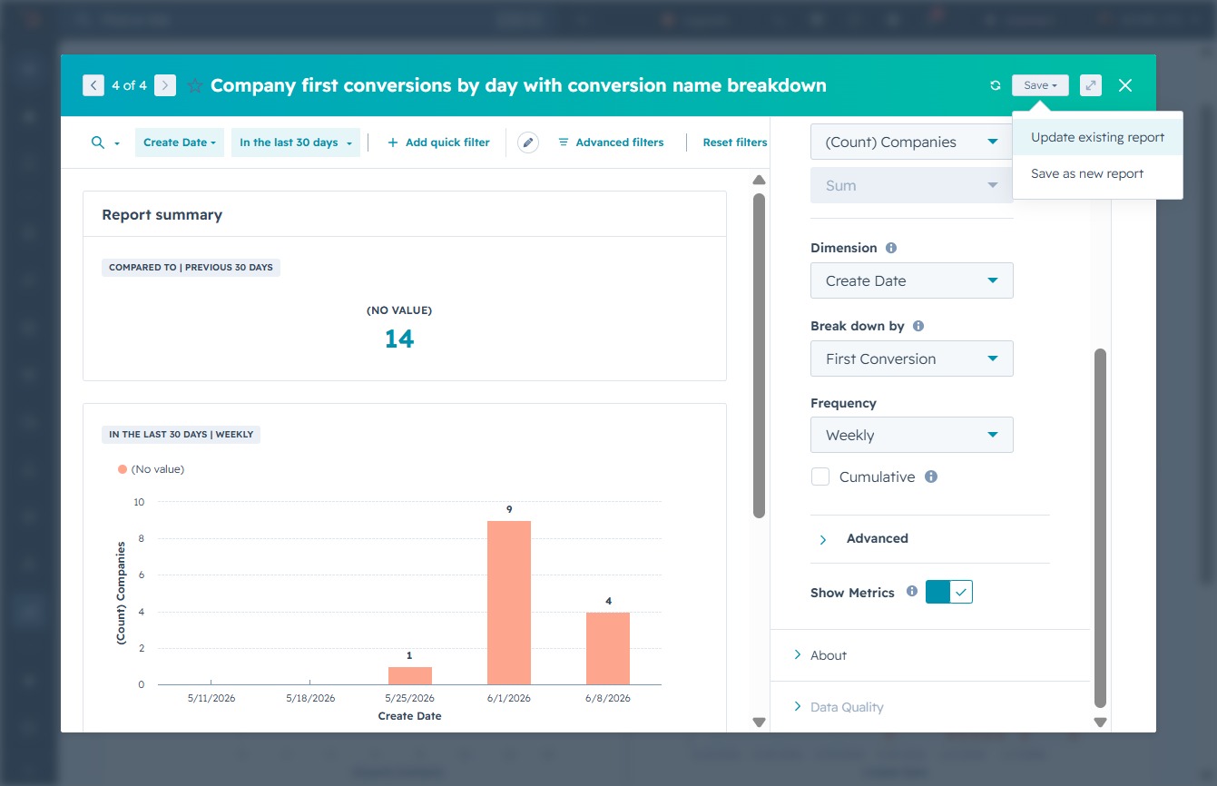 Click the Update existing report option