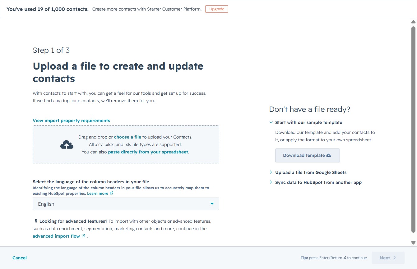 Click 'choose a file' to upload contacts