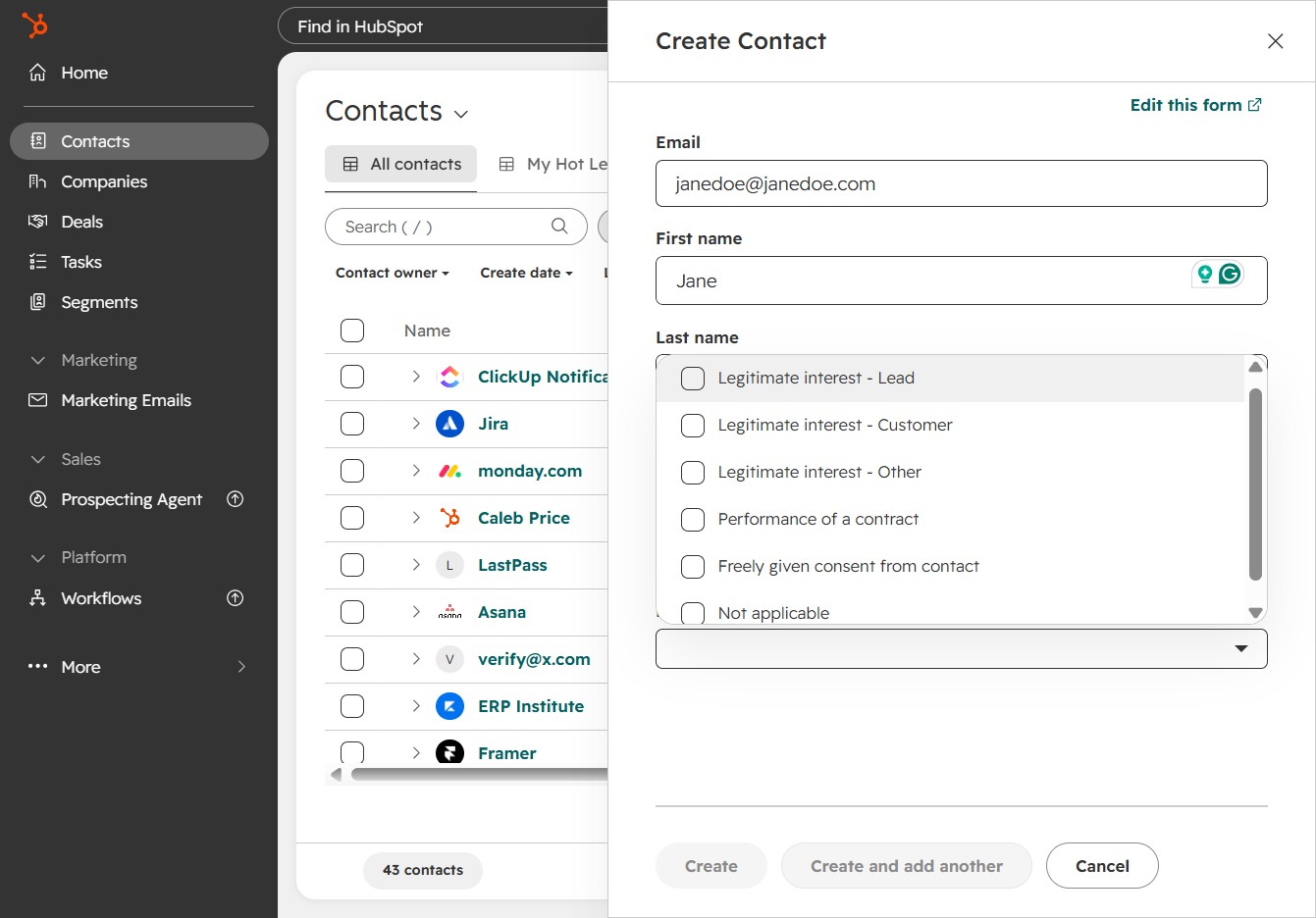 Select Legitimate interest - Lead