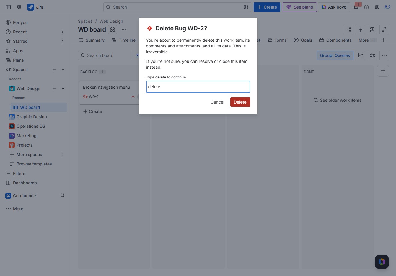 Type 'delete' in the confirmation field