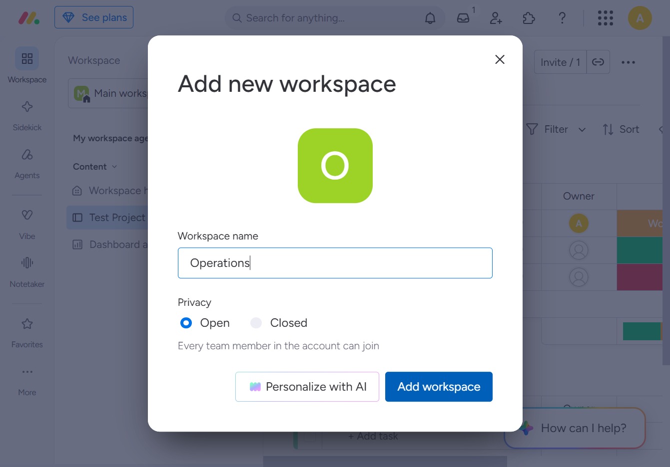 Type 'Operations' in Workspace Name