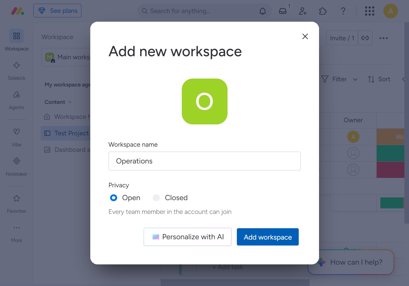 Click the Add workspace button