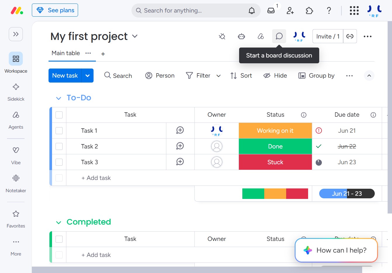 Click the Start a board discussion button