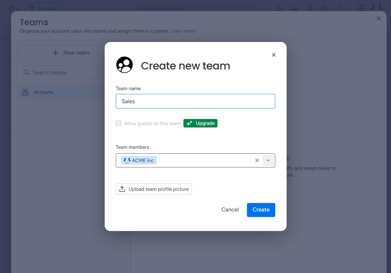 Type 'Sales' in Team Name field