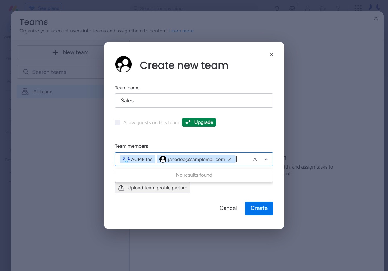 Click the Upload team profile picture button
