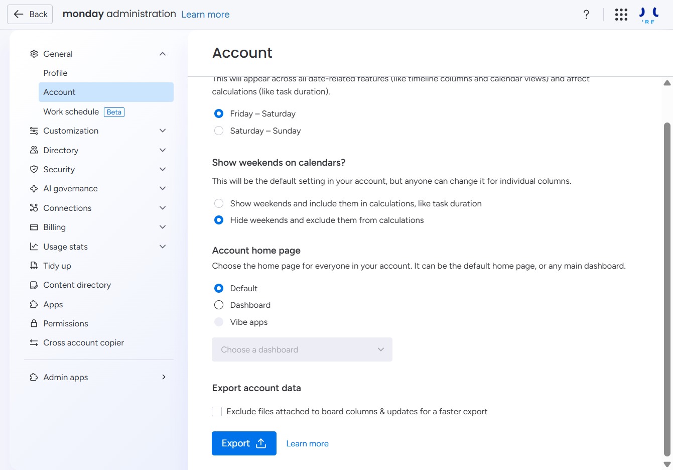 Click here to export account data