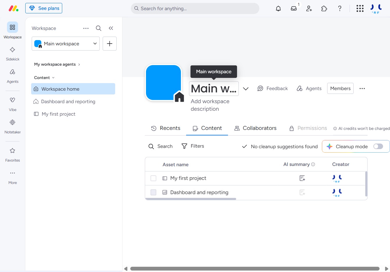 Click the Main workspace header