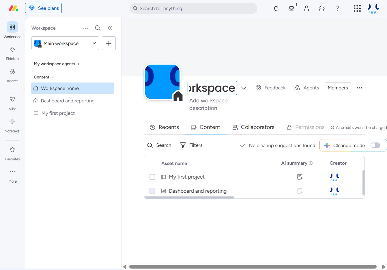 Type 'Sales workspace' in the search field
