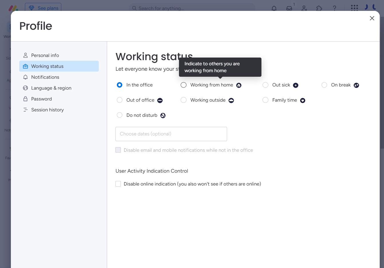 Click the Working from home option