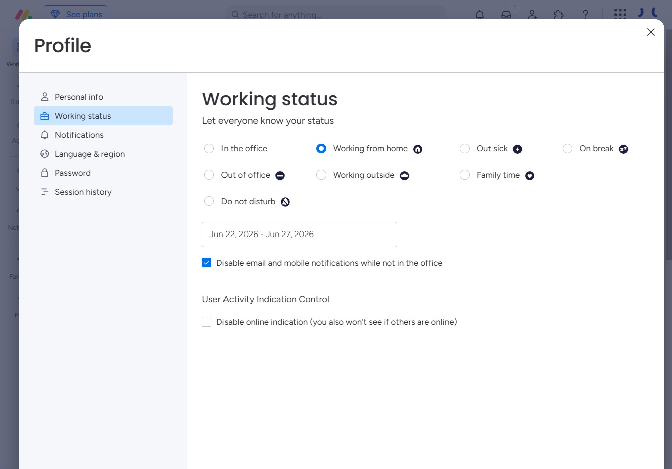 Click to disable online indication