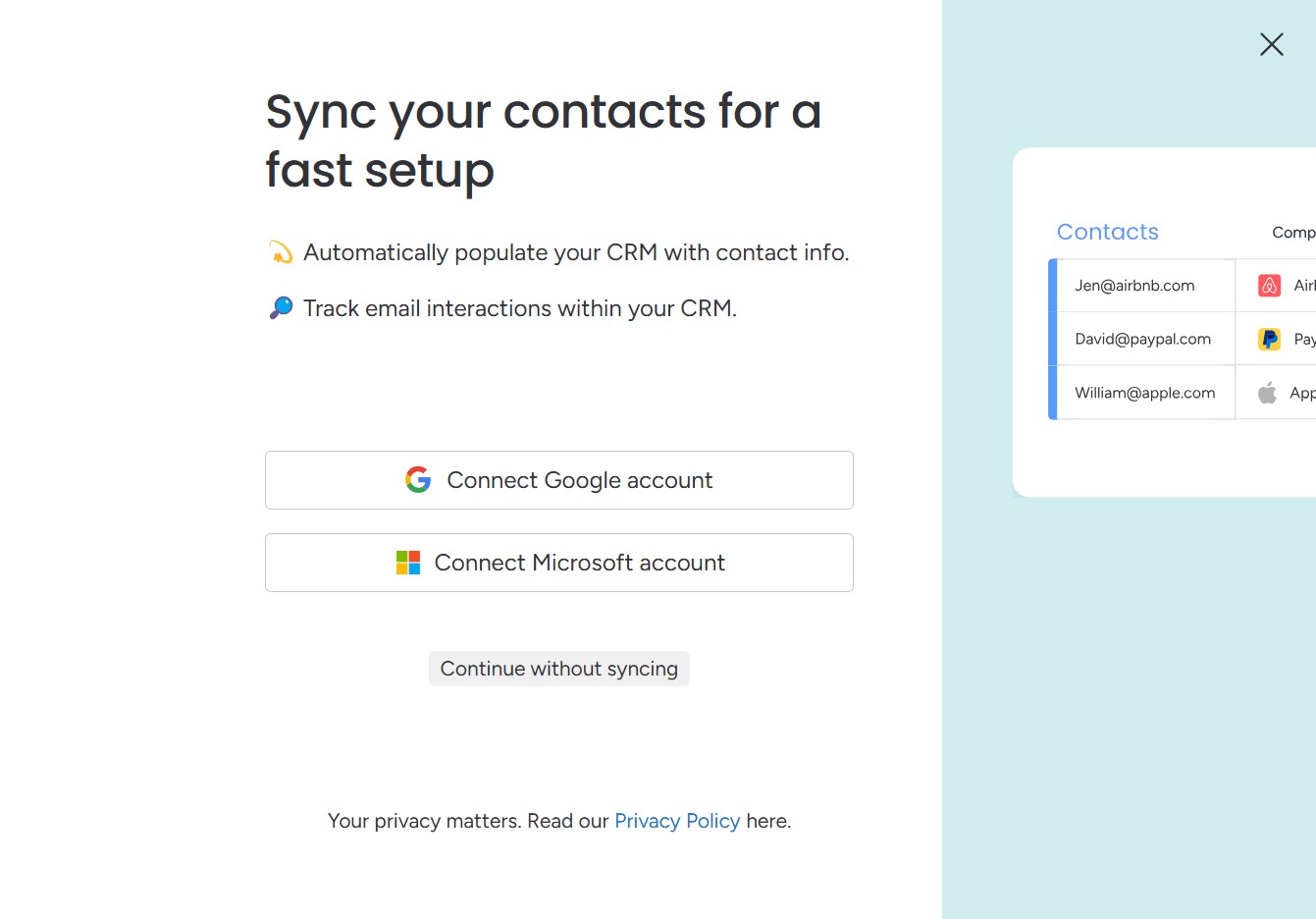 Click the Continue without syncing button