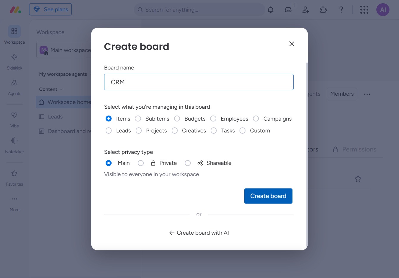 Click the Create board button