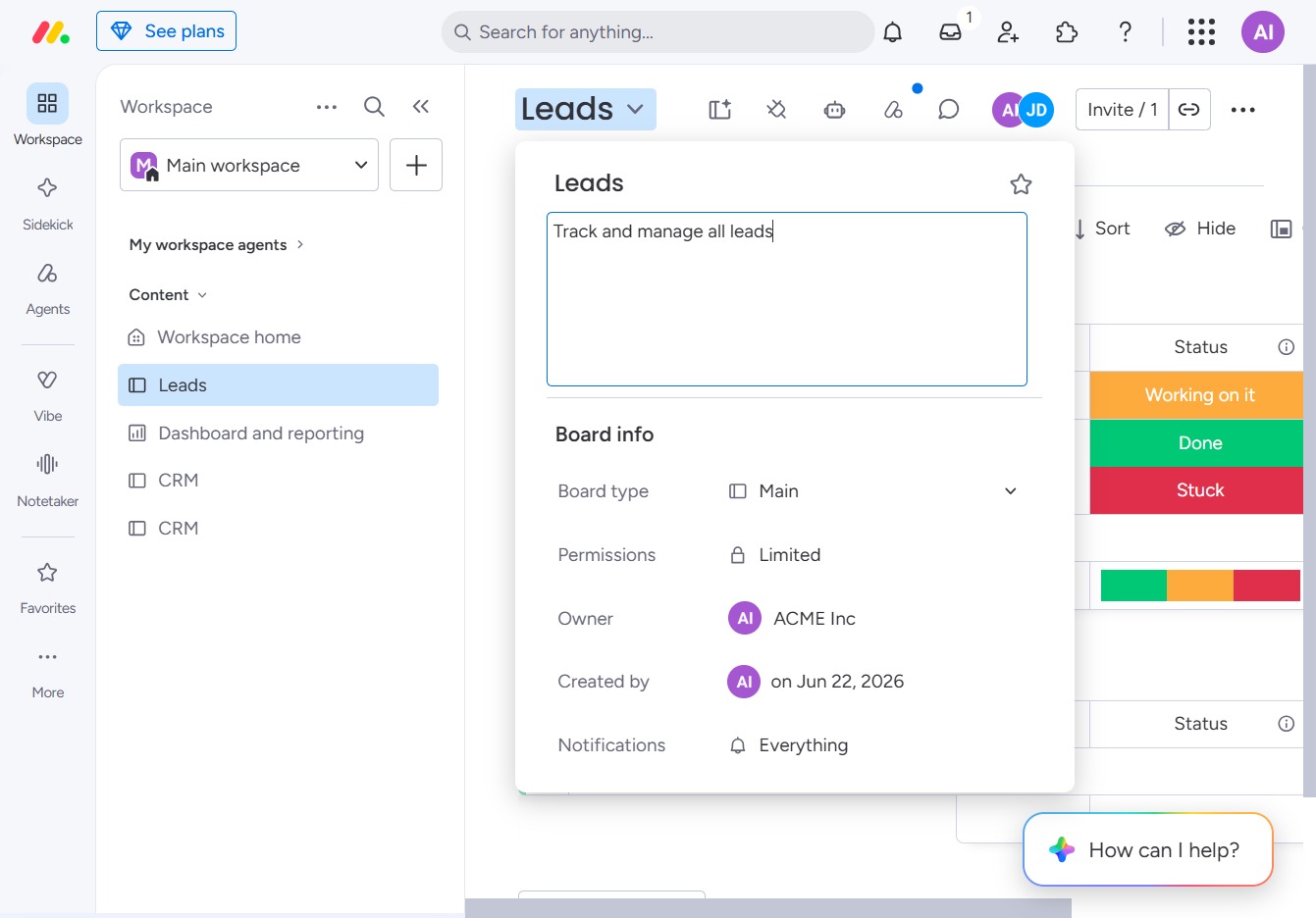 Type a description in the Leads section