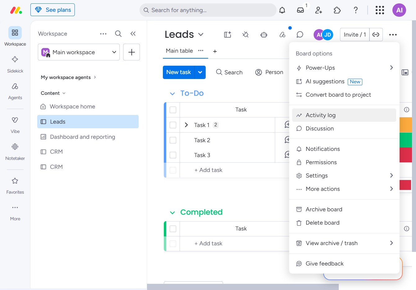 Click the Activity log option