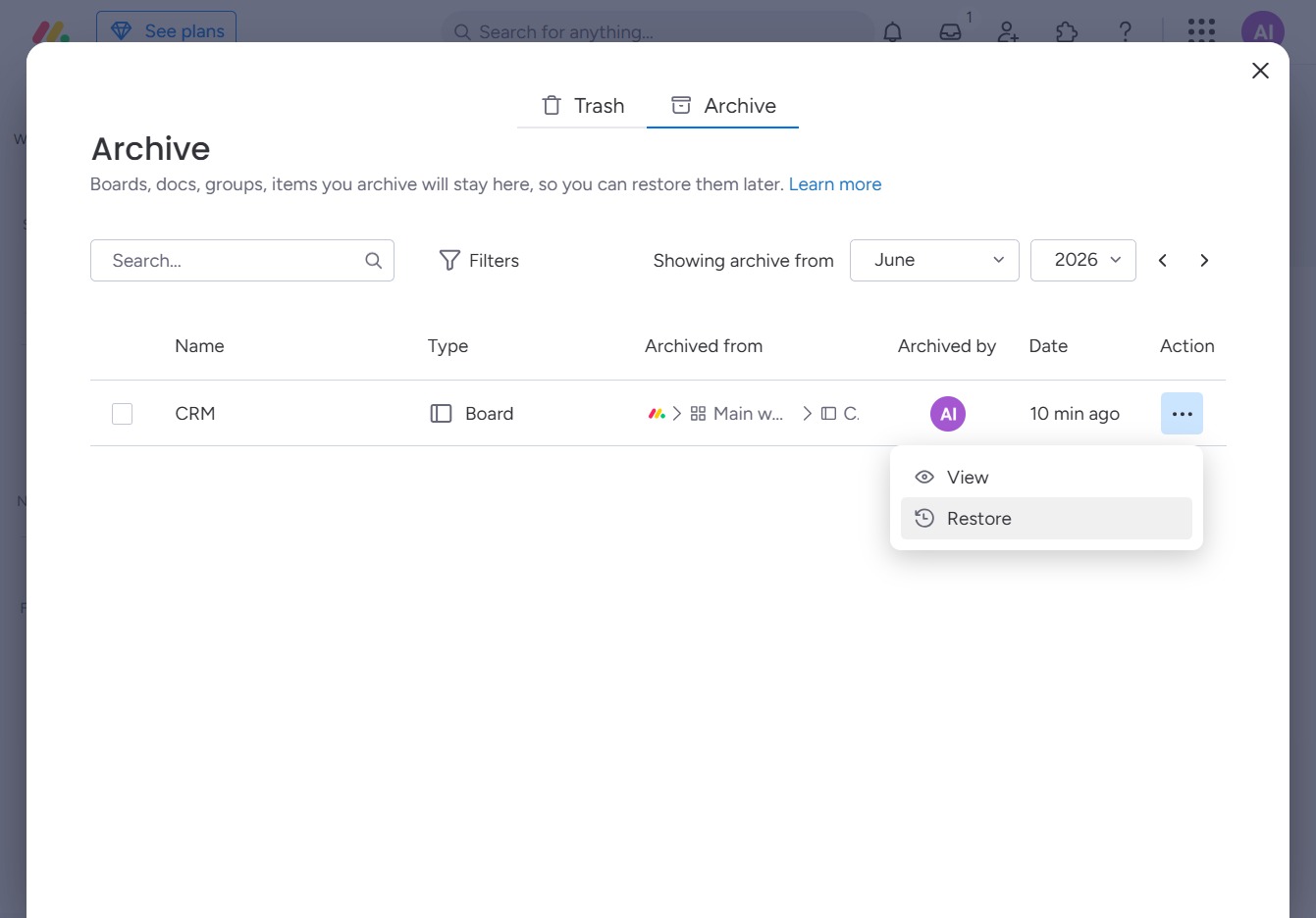 Click the Restore option