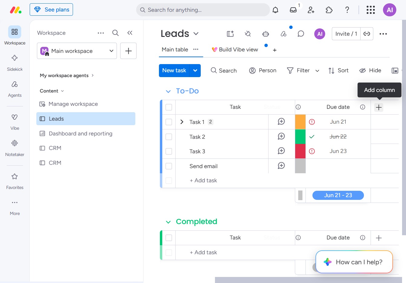 Click 'Add column' to include a new column