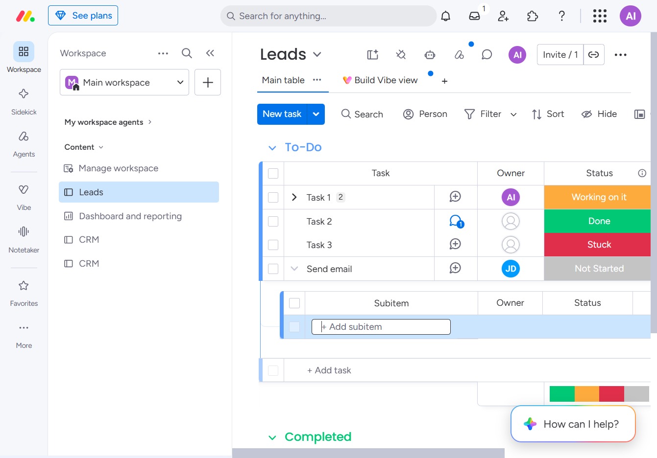 Click Press Shift + Enter to Add a Subitem