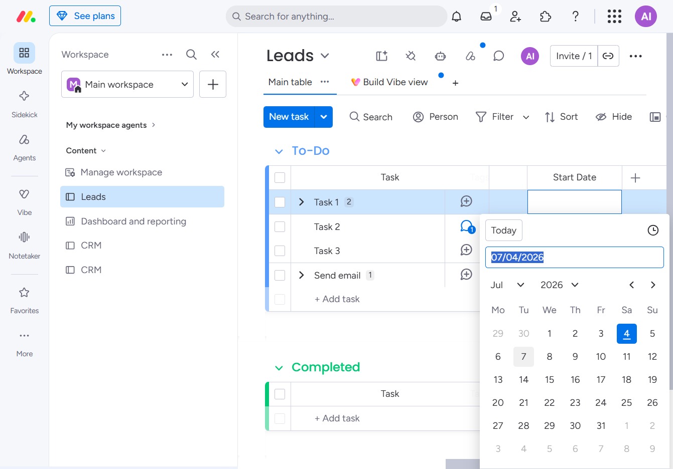 Click the date field for task completion