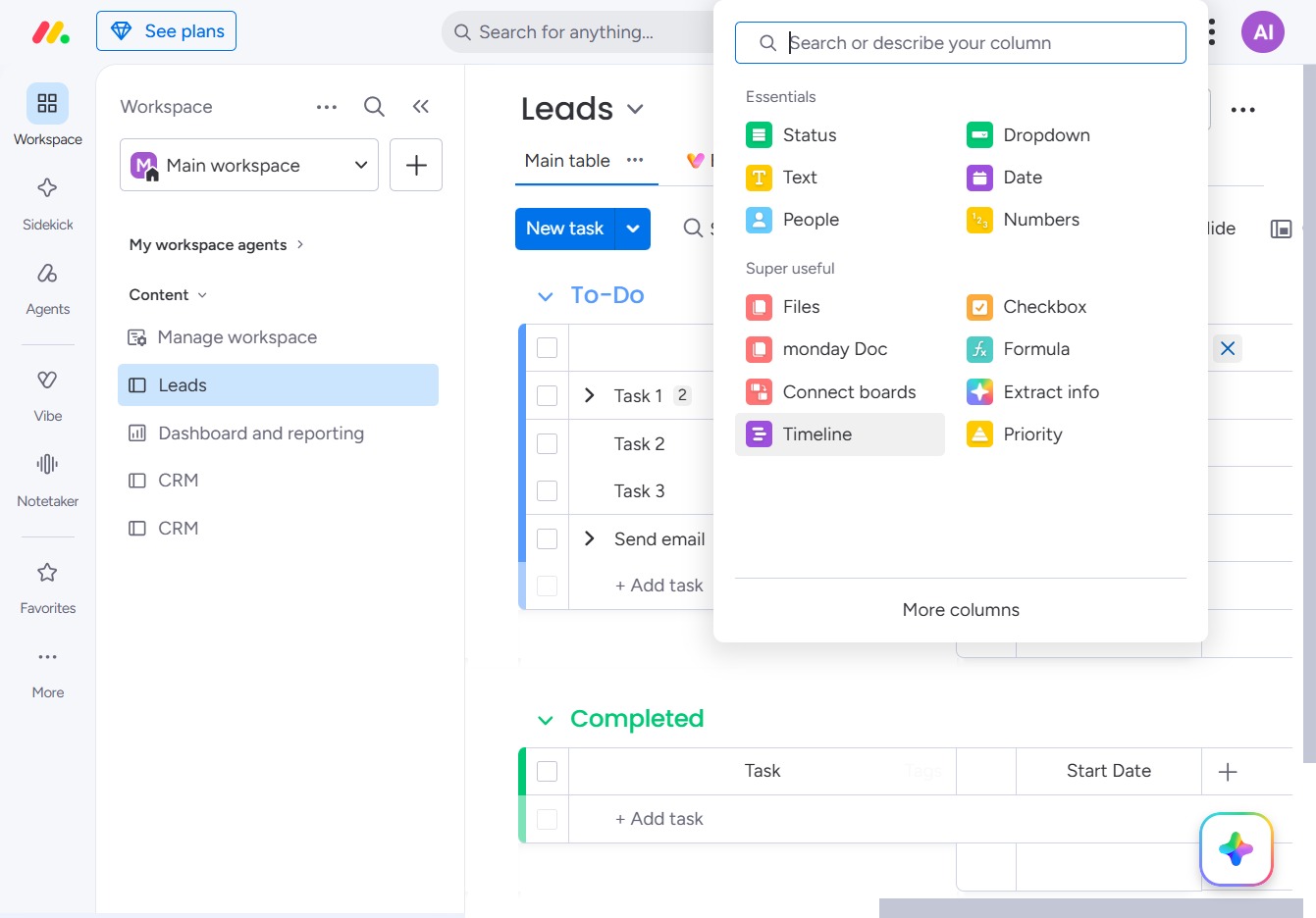 Click the Timeline column option