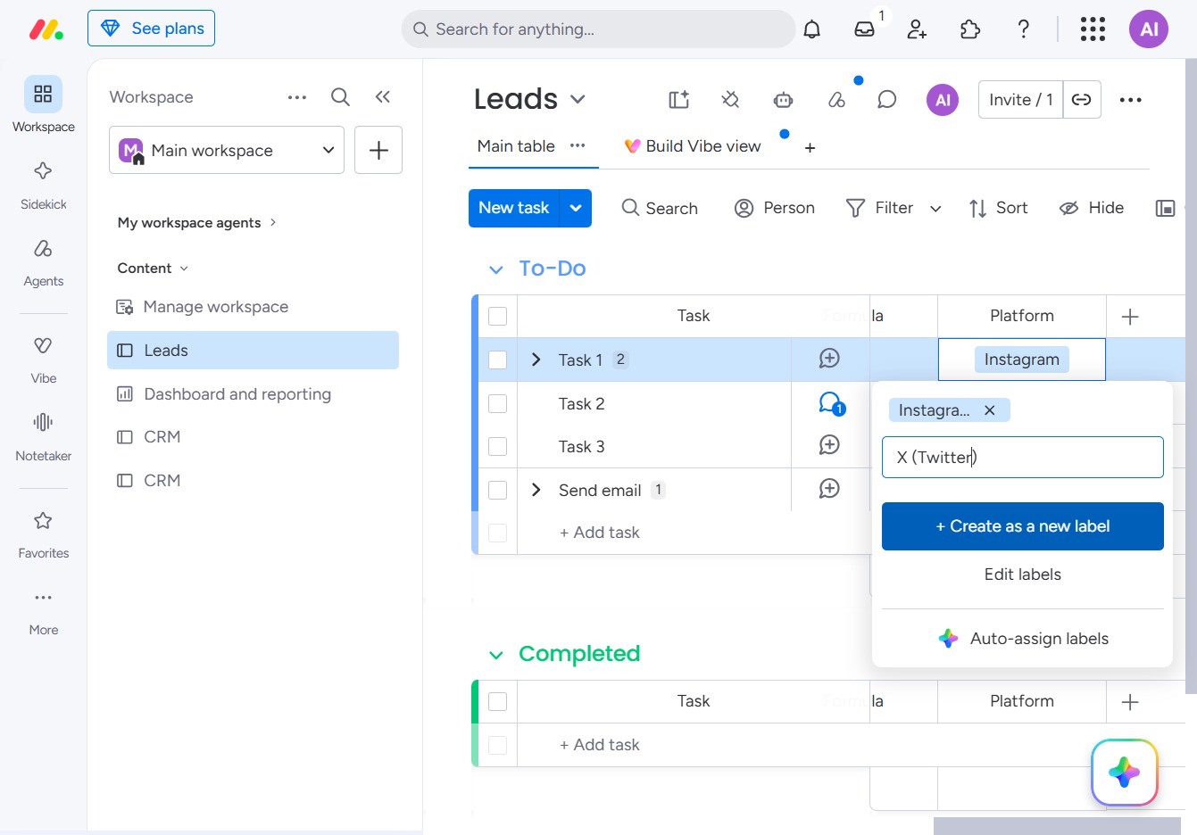 Type 'X (Twitter)' in Create or find labels