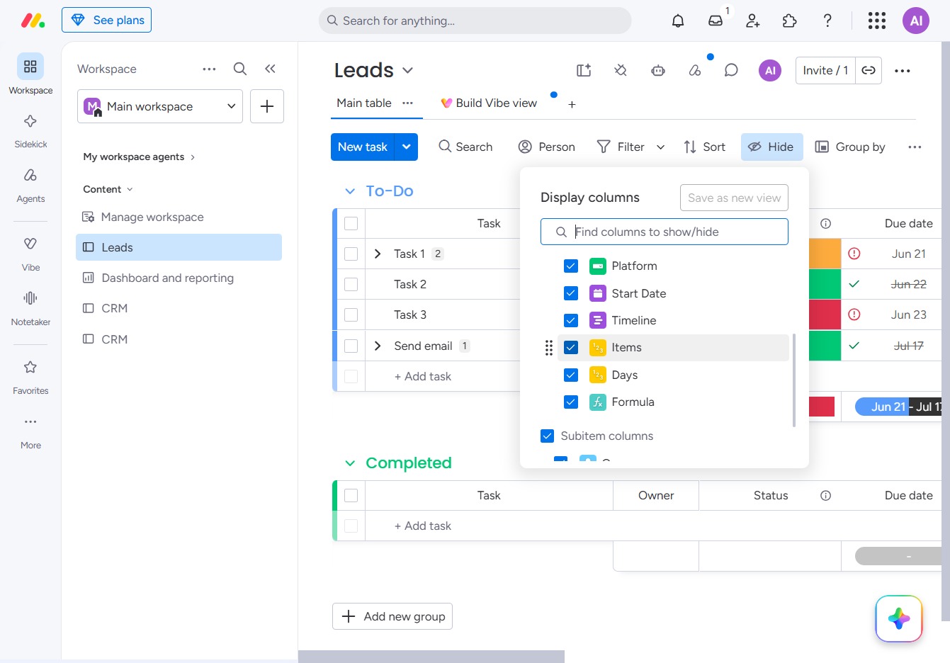 Click here to display column options