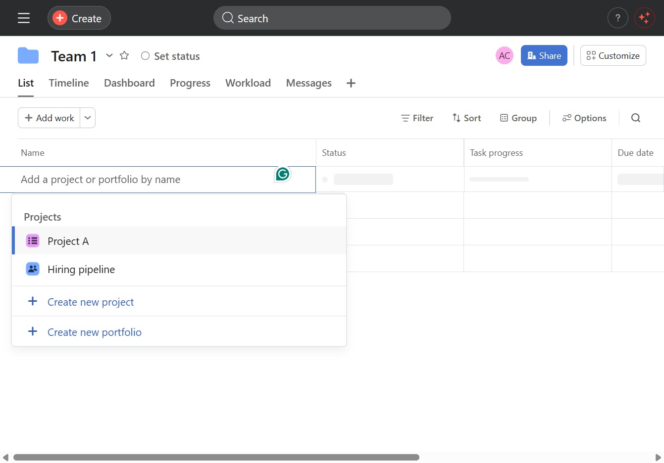 Click the Project A option