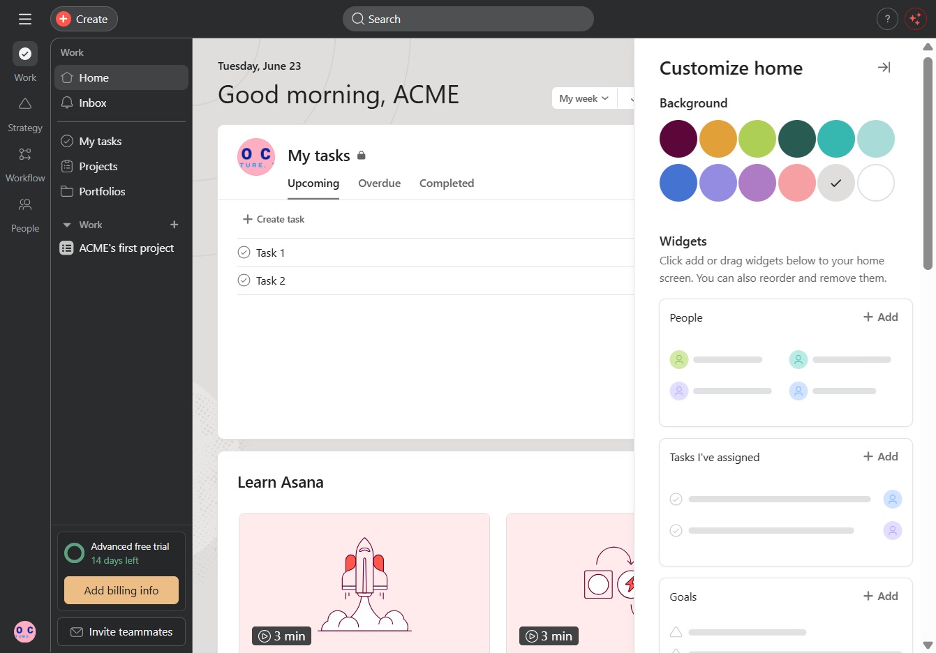 Click to customize your home settings