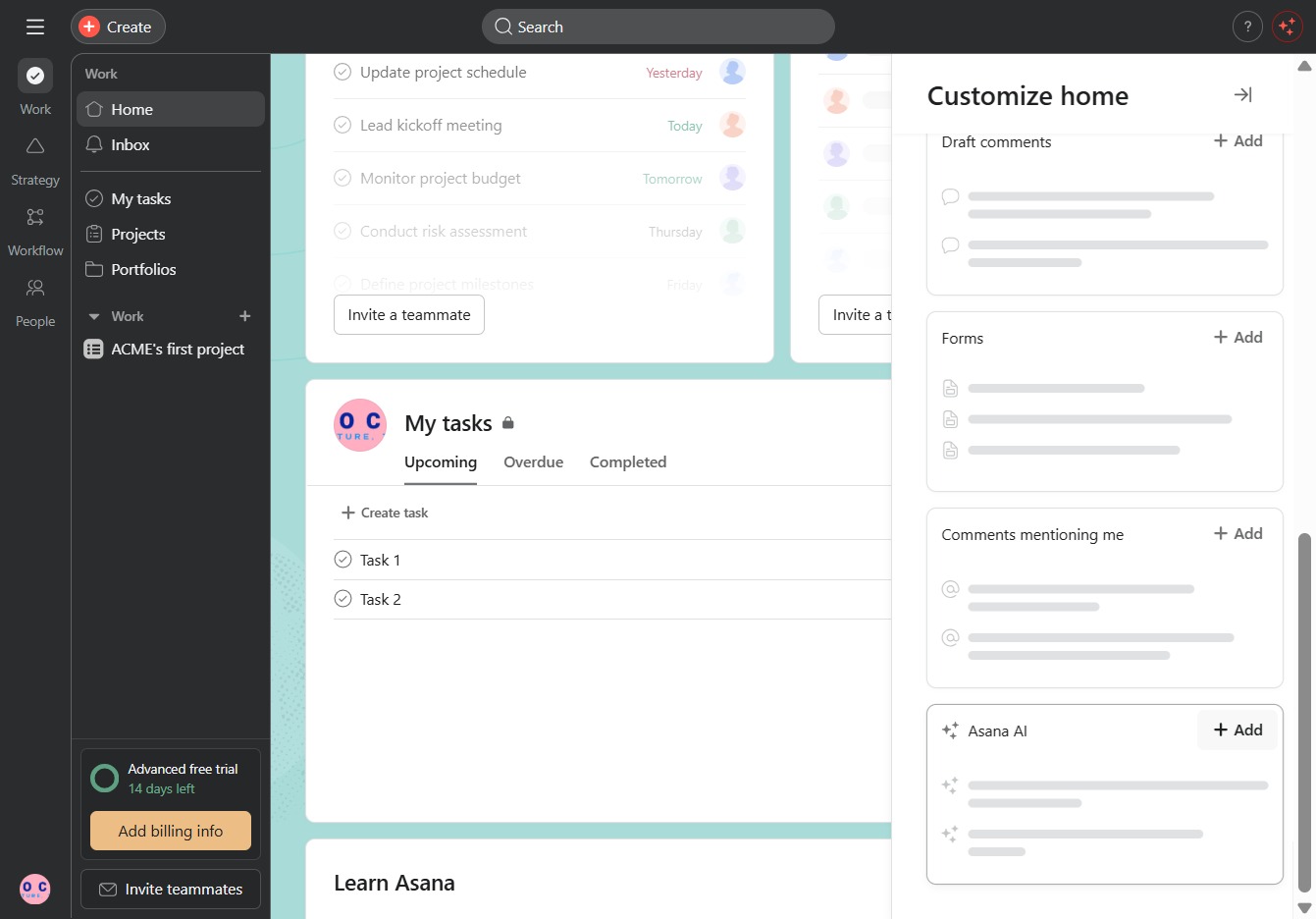 Click the Add Asana AI widget to home page