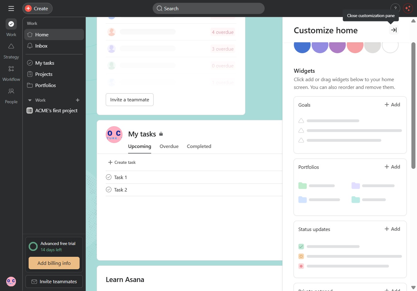 Click the Close customization pane button