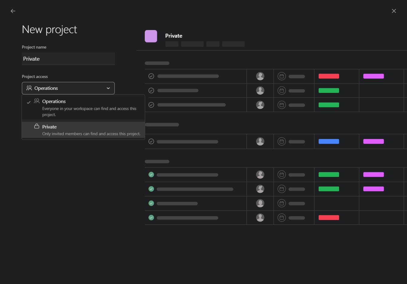 Click the Private project option