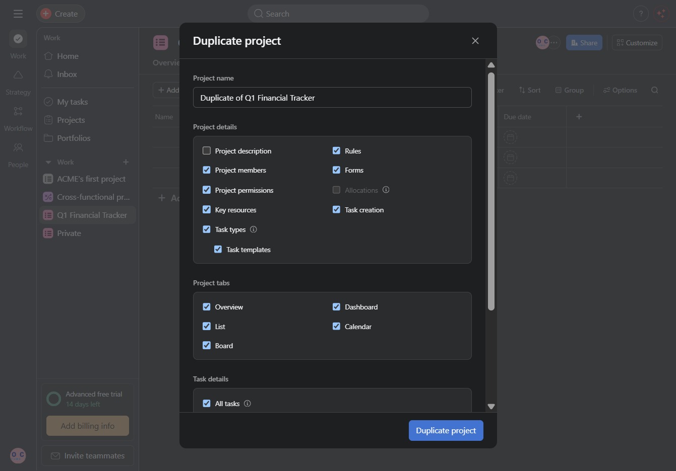Click the Duplicate project button
