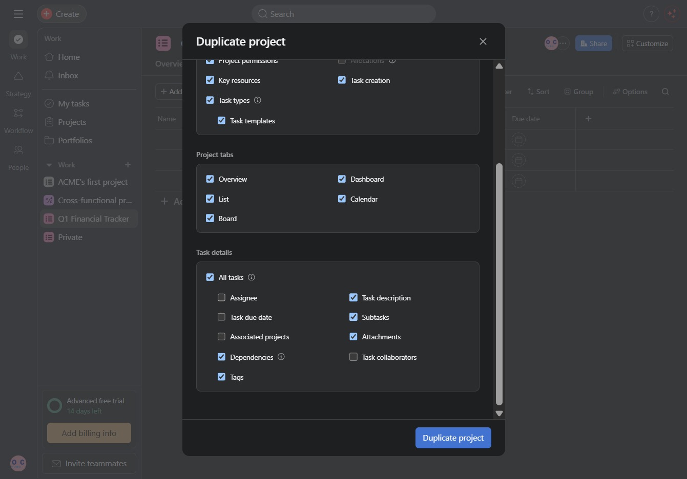 Click the Duplicate project button