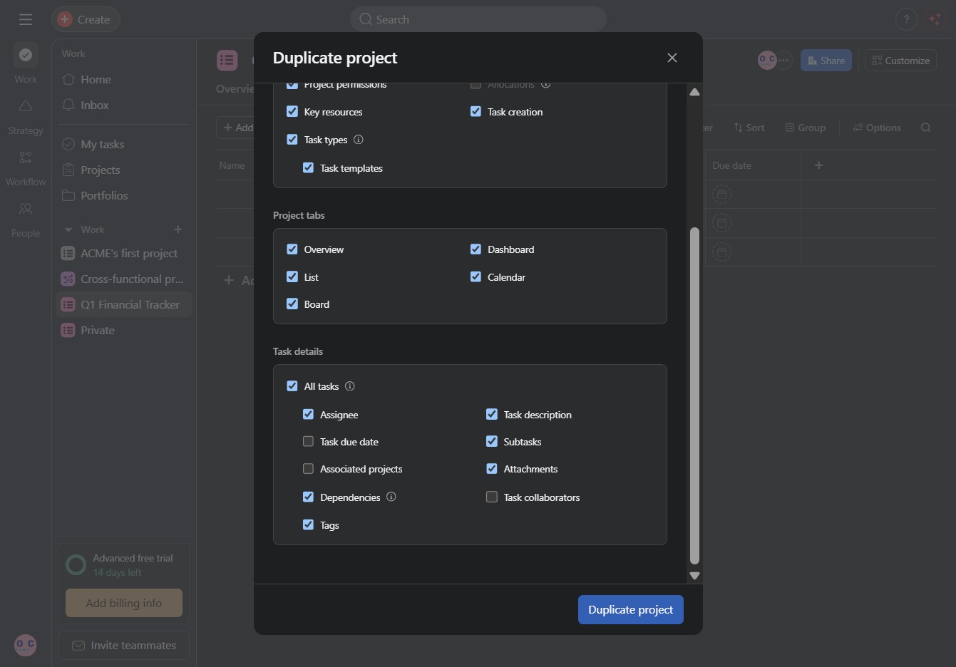 Click the Duplicate project button
