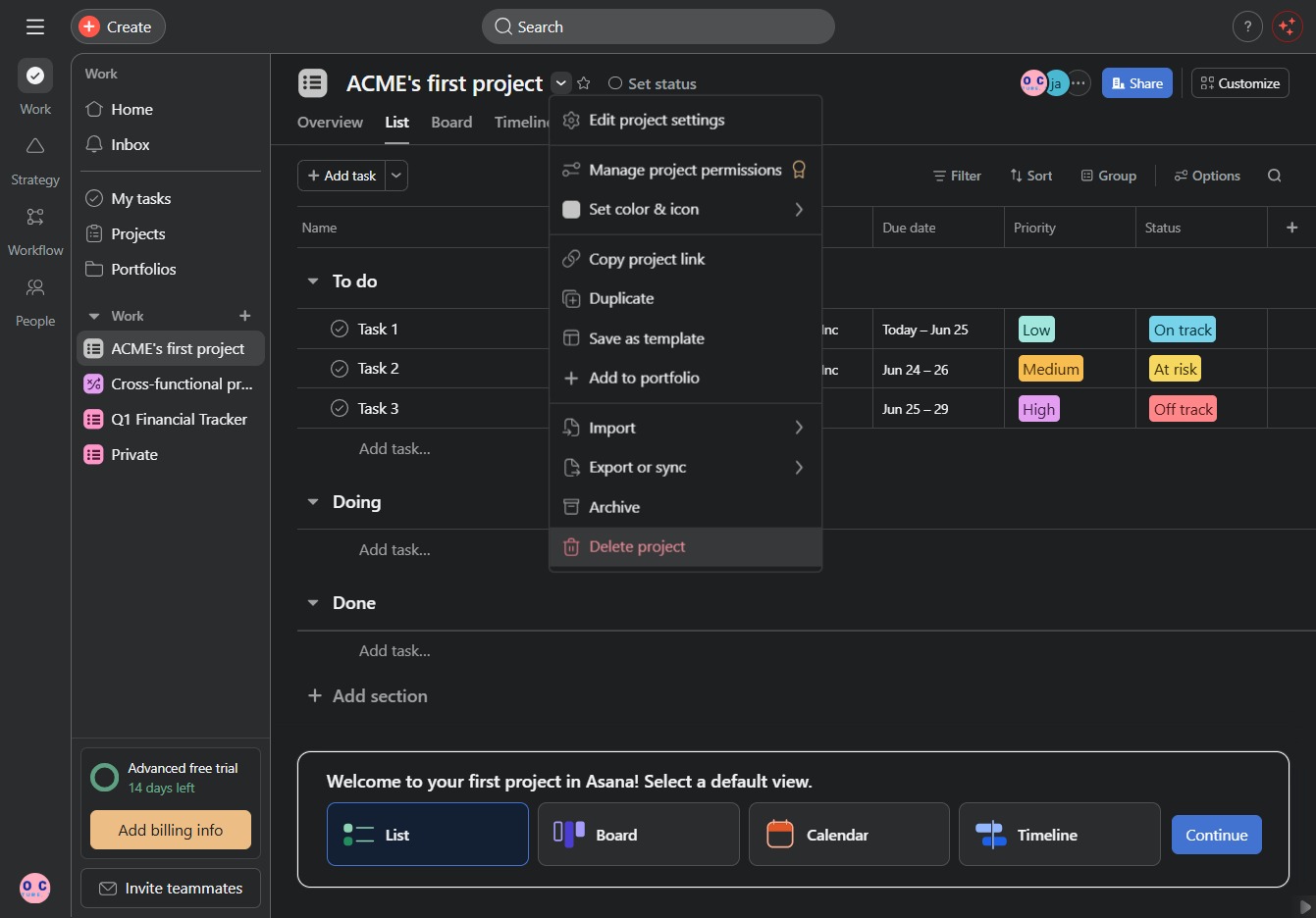 Click the Delete project option
