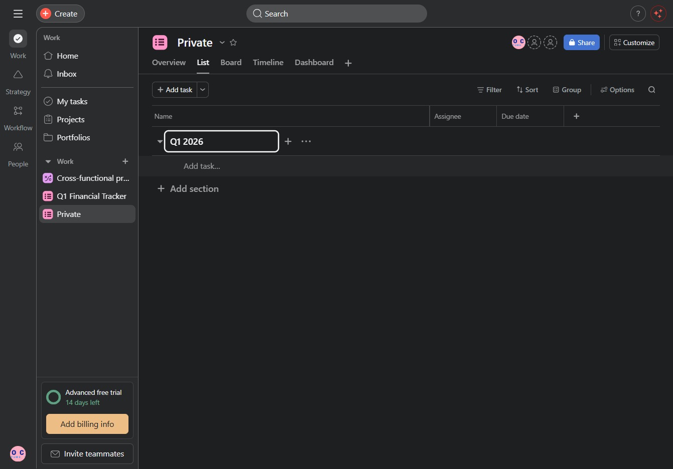 Type 'Q1 2026' in New section