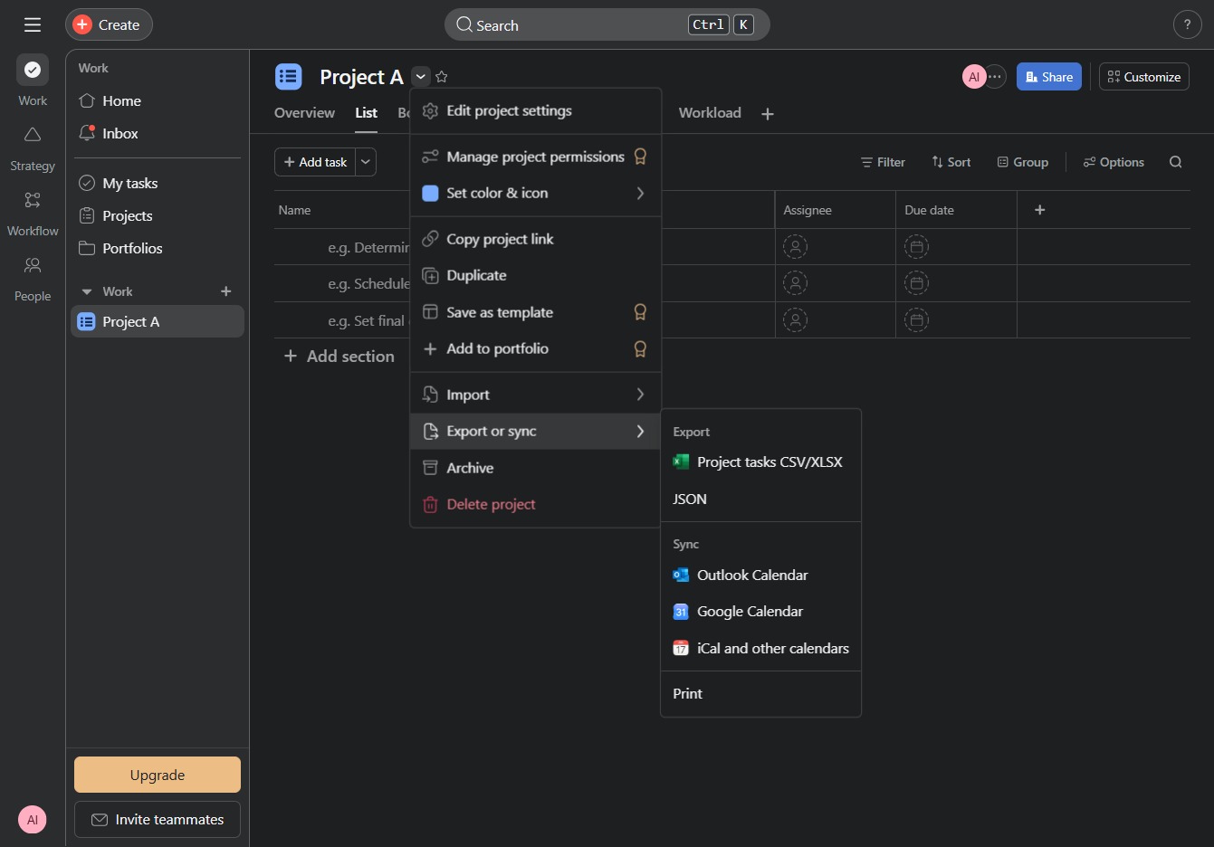 Click the Export or sync option