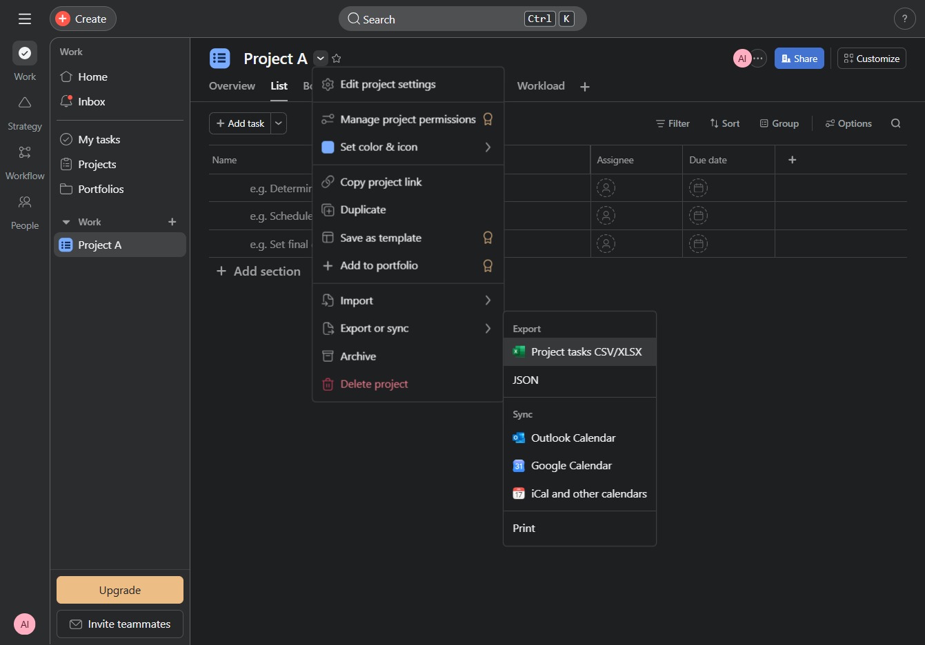 Click the Project tasks CSV/XLSX option