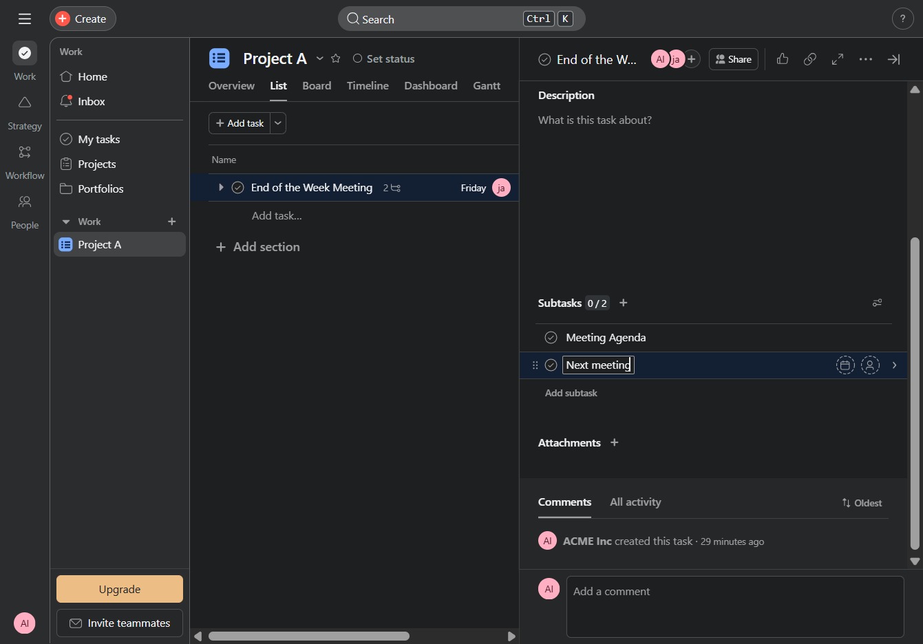 Type 'Next meeting' in Subtask Field