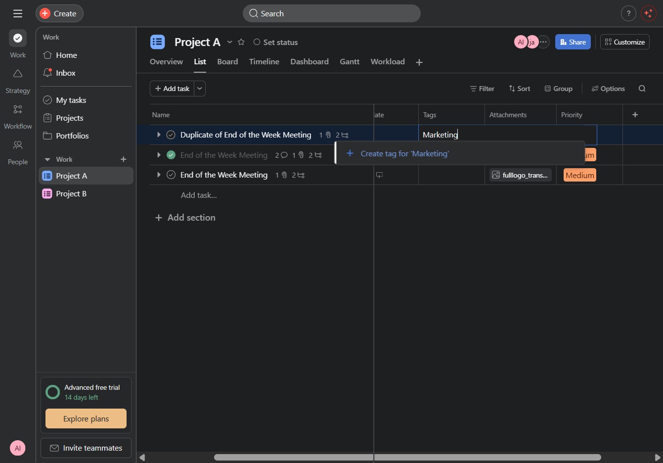 Type 'Marketing' in the Tag field