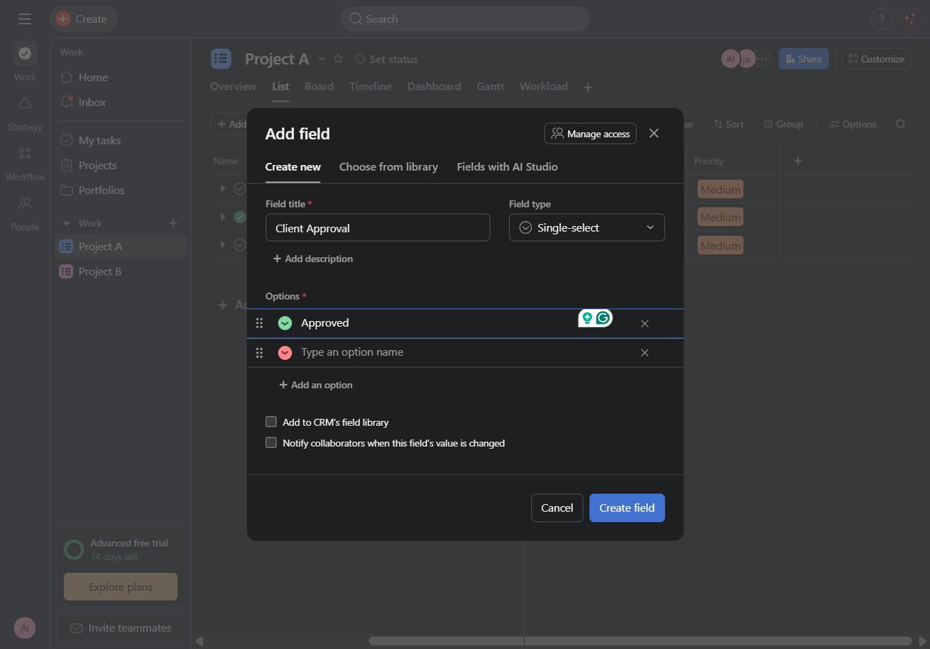 Type 'Approved' in the option field
