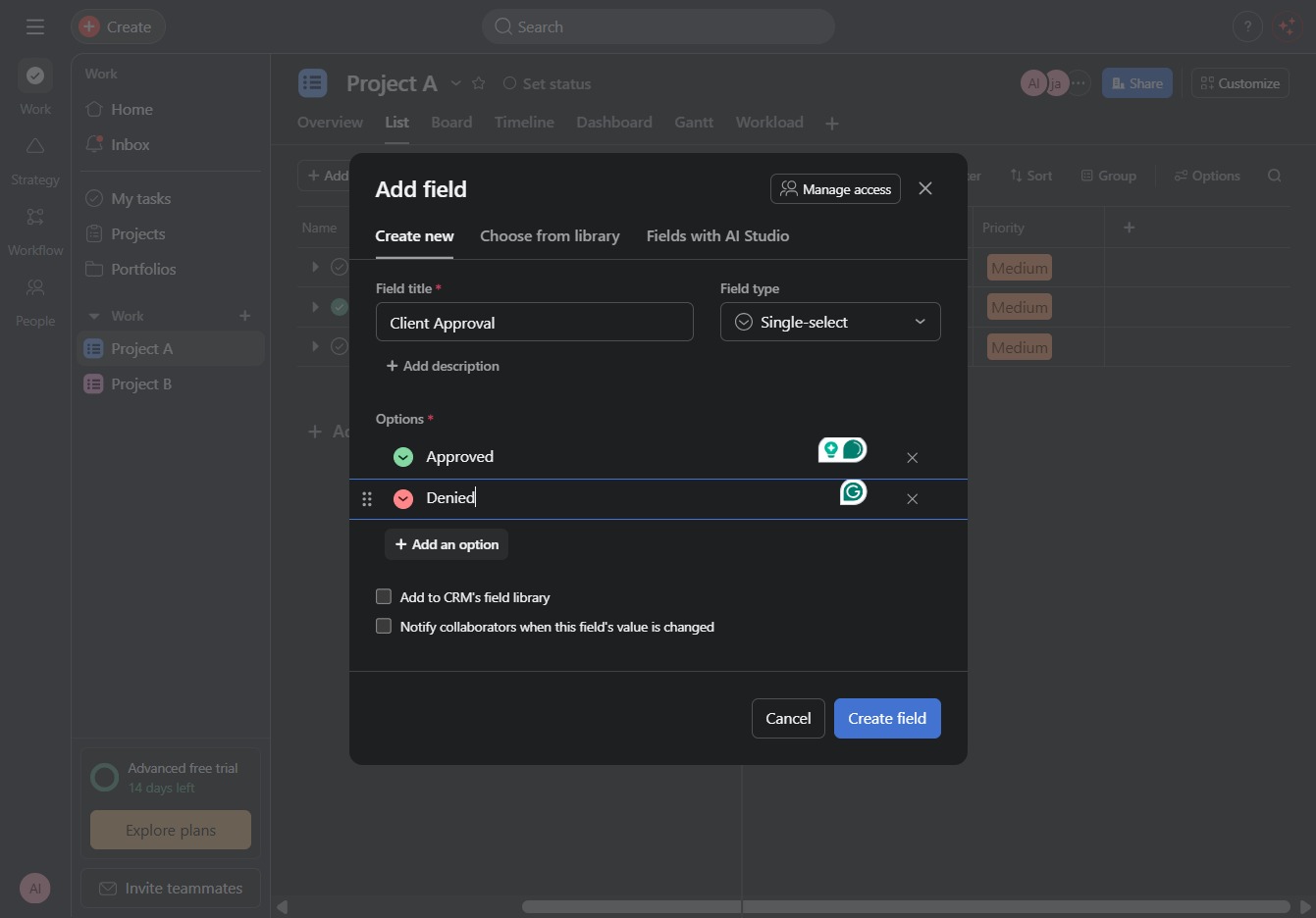 Type 'Denied' in the option field