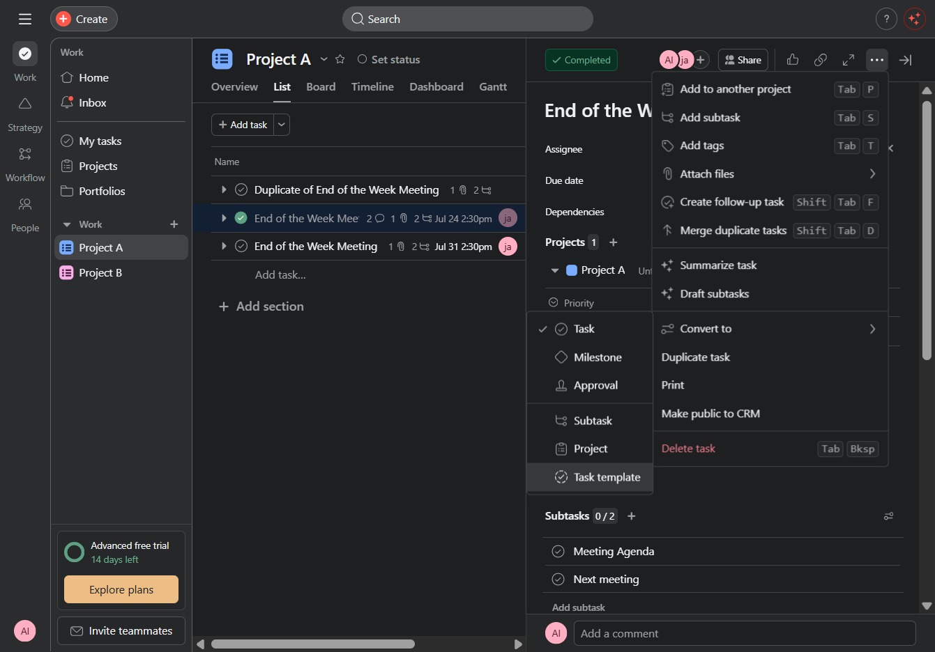 Click the Task template option
