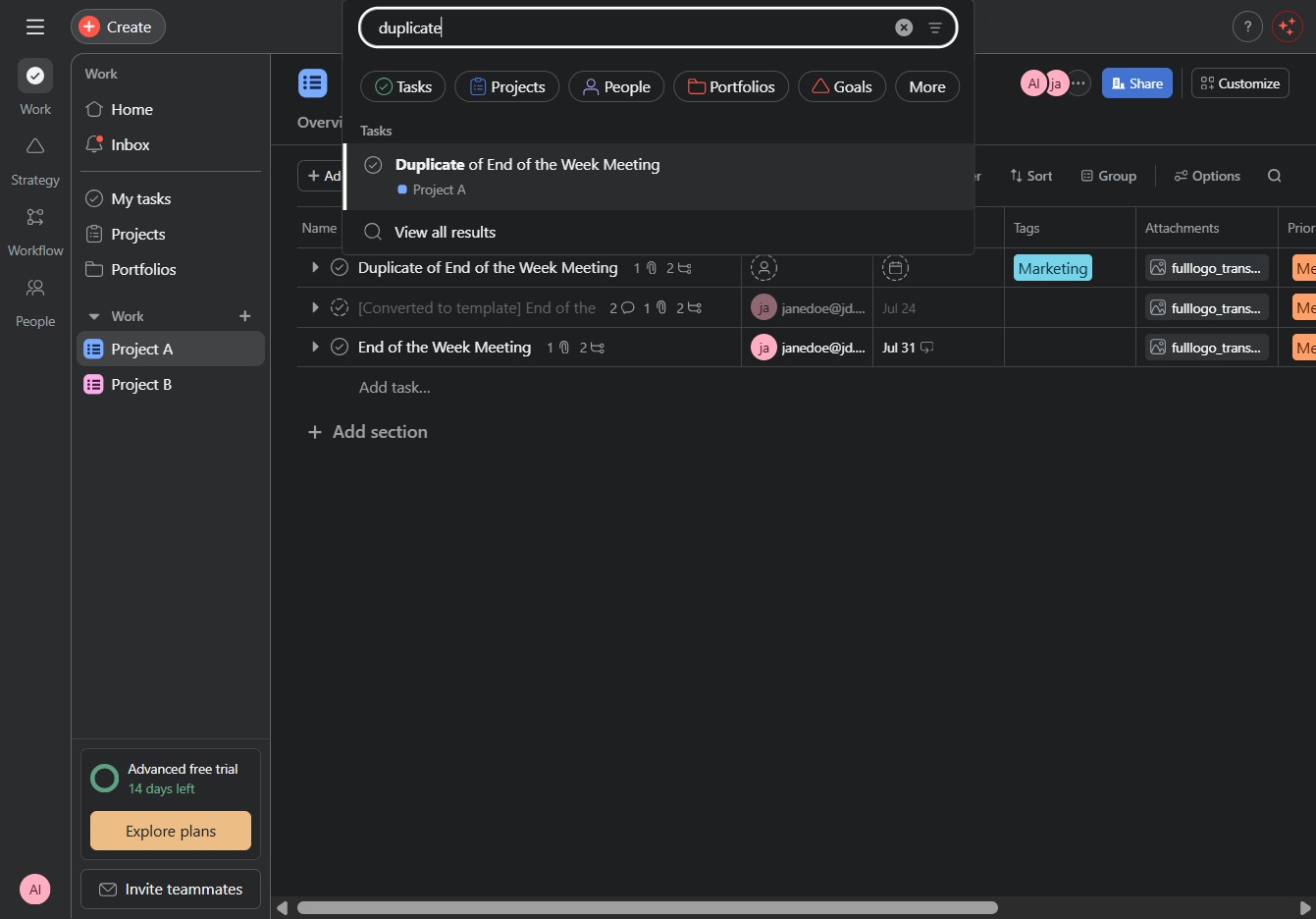 Type 'duplicate' in Search