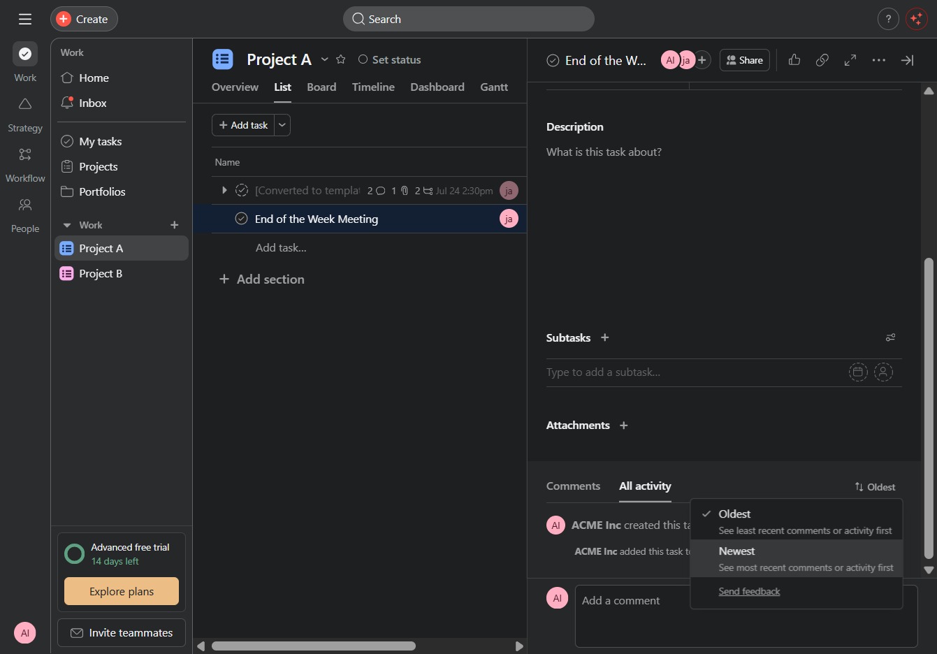 Click 'See most recent comments or activity first'
