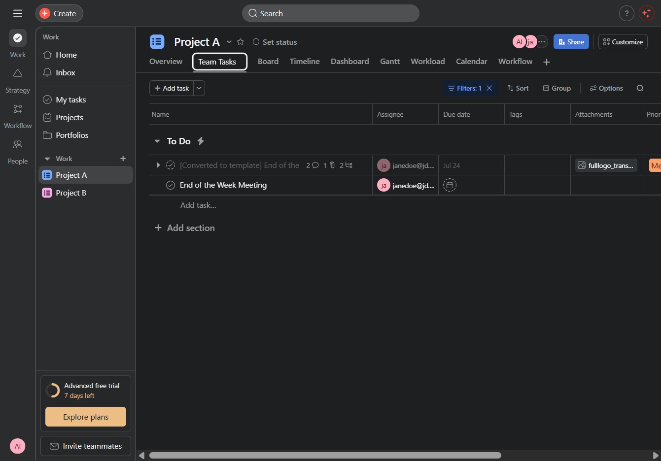 Type 'Team Tasks' in the input field