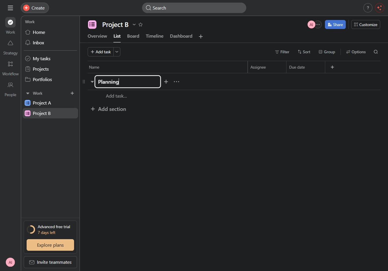 Type 'Planning' in the New section