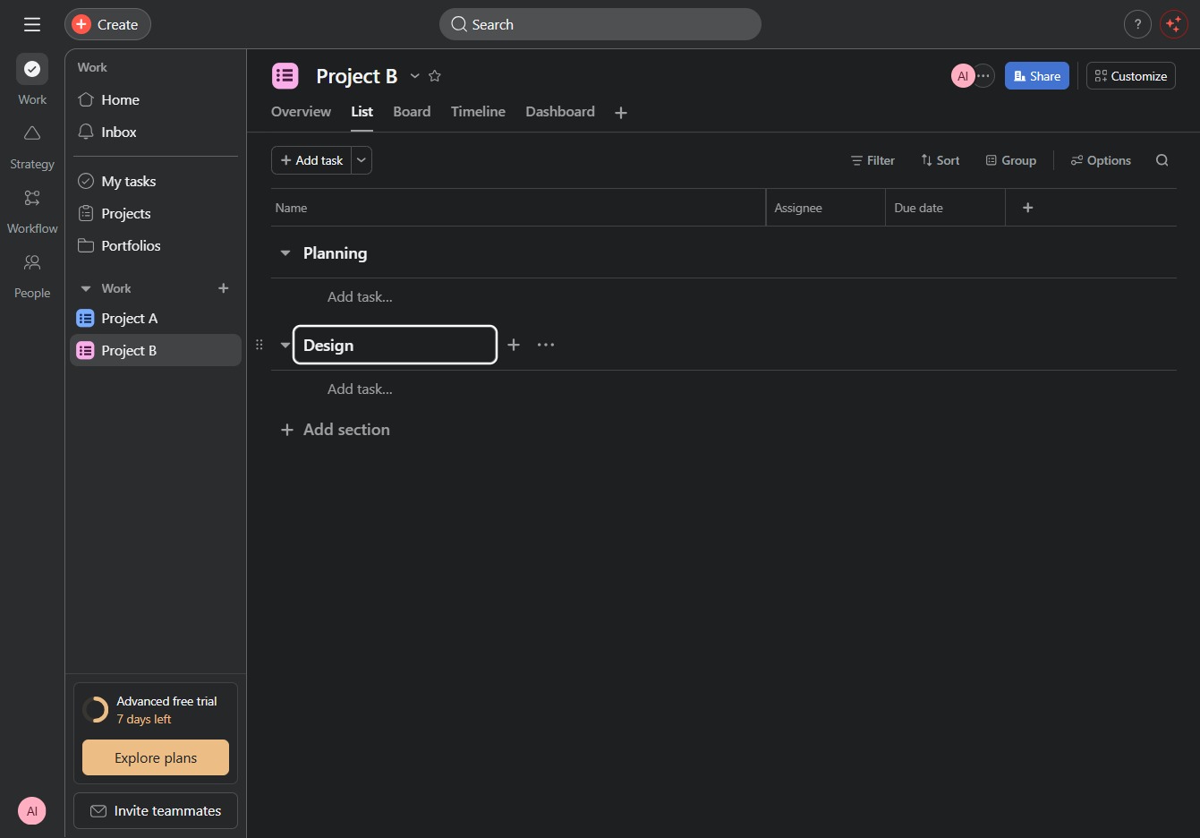 Type 'Design' in New Task Field