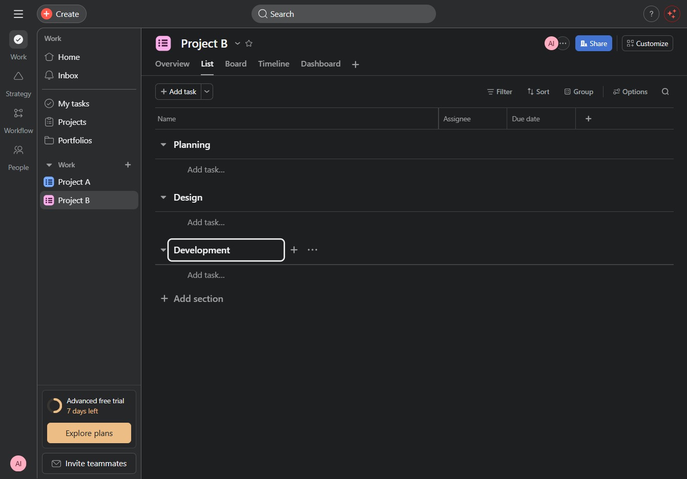 Type 'Development' in New section