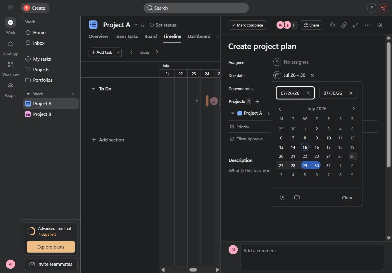 Click the date field for dependencies
