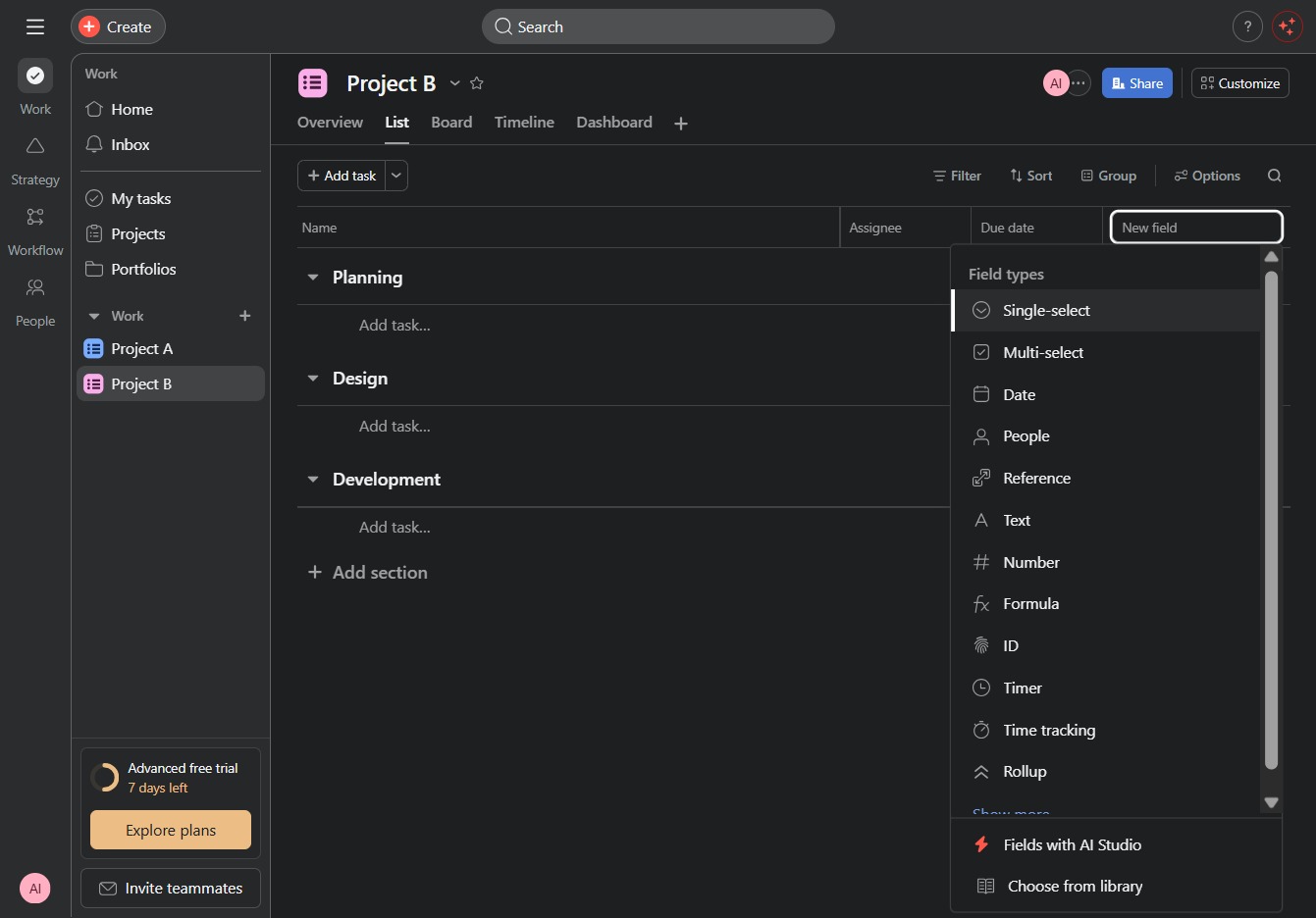 Click the Single-select field type